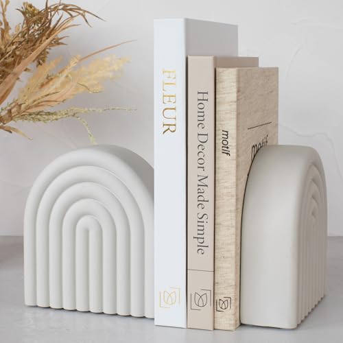 Decorative Concrete Bookends for Heavy Books – Stylish Set of 2, Ideal for Any Bookshelf – Aesthetic Book Holder/Stopper with Anti-Slip Pads for Chic Home, Office, or Library Decor
