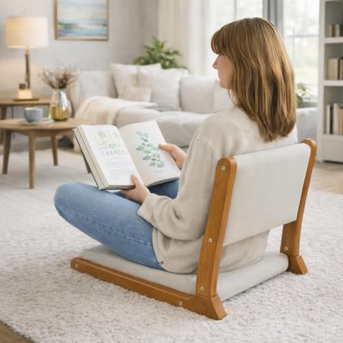 Image of HollyHOME Floor Chair with Back Support, Foldable Japanese Style Floor Chair, Wood Legless Tatami Chair with Cushion, Accent Meditation Floor Seat for Bay Window, Living Room, Bedroom, Beige