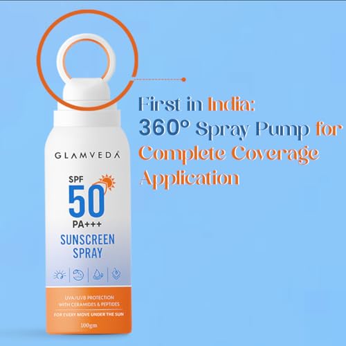 Image of Glamveda Body Sunscreen Spray SPF 50 PA+++, Broad Spectrum UVA /UVB and Blue Light Protection, With Ceramides Peptides and Niacinamide, Quick Absorbing Waterproof Formula, No White Cast, For Men and Women, 100 gm