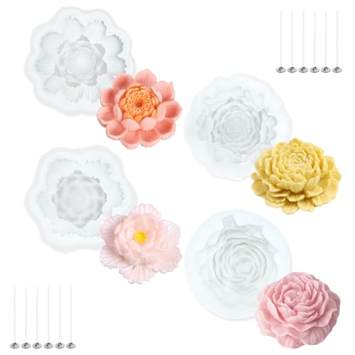 Realand 4 Pack Flower Silicone Candle Molds, Peony Daisy Hibiscus Lotus 3D Candle Making Wax Soap Epoxy Resin Mold for Craft with 12 Wicks