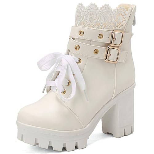 Image of MEOTINA Goth Platform Boots Combat Boots Chunky Heel Ankle Booties for Women Punk Buckle Gothic Boot with Zipper Lace Up Dress Shoes Black /White