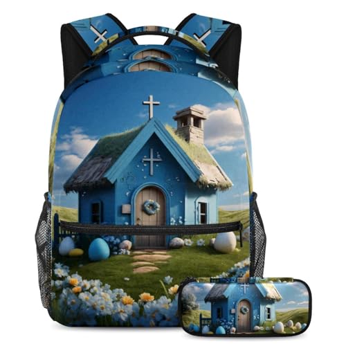 Sac d'école pour enfants bleu et multicolore avec rangement trousse