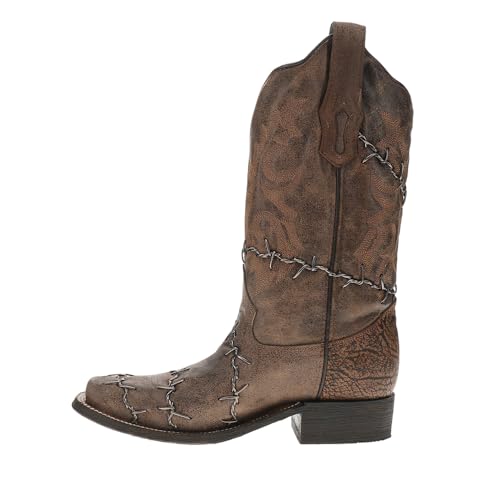 CORRAL LADIE'S BROWN BARBED WIRE WOVEN SQ. TOE RODEO COLLECTION, LEATHER SOLE, WESTERN A38153