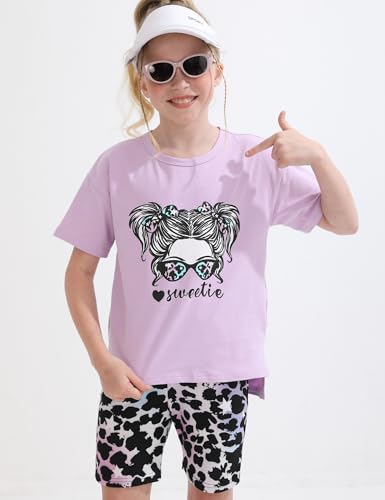 Image of mksodopy Girls Summer Clothse Graphic Print Front and Back High and Low Irregular T-shirt Cycling Shorts Set