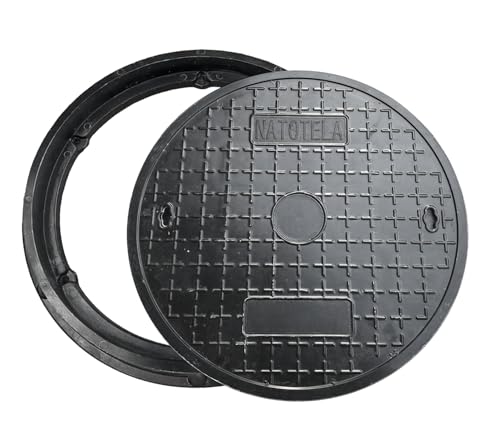 Natotela 27.6in Round Manhole Cover and Frame, Fiberglass Recessed Solid Top Cover with Base Size 31in,25in Clear Opening,Septic Tank Cover and Base for yard, Non-slip Reinforced Sewage Basin Cover