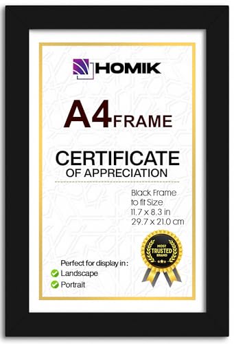 HOMIK Marco de fotos A4, Marcos A4 con cristal de seguridad acrílico, DIN A4, decoración del hogar, marco negro, ideal para regalar y colgar en la pared