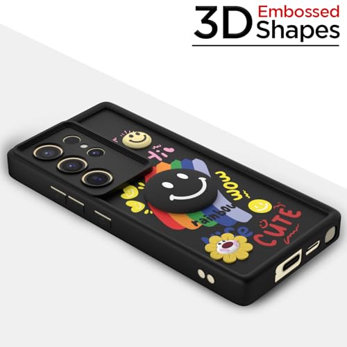 Image of Pikkme Back Cover for Samsung Galaxy S24 Ultra 5G | Soft Silicone| Cute Rainbow Smile & 3D Cartoon Flower Design | Shockproof Raised Camera Protection Bumper Case (Black)