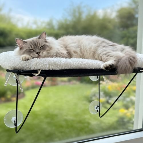 ITSMILZ Cat Window Perch, Cordless Cat Hammock Window Seat with Sturdy Metal Frame Supports and 4 Strong Suction Cups (White, Short Hair)