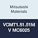 Mitsubishi Materials VCMT1.51.51MV MC6025 CVD Coated Carbide VC Type Positive Turning Insert with Hole, MV Breaker, Rhombic 35?, 0.187" IC, 0.094" Thick, 0.02" Corner Radius (Pack of 10)