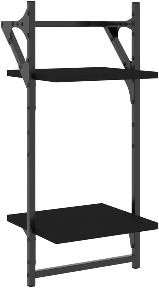 2-Tier Floating Wall Shelves Set, Black Engineered Wood & Metal, 11.8x9.8x25.6 inch, Modern Storage for Living Room, Bathroom, Bedroom Decor