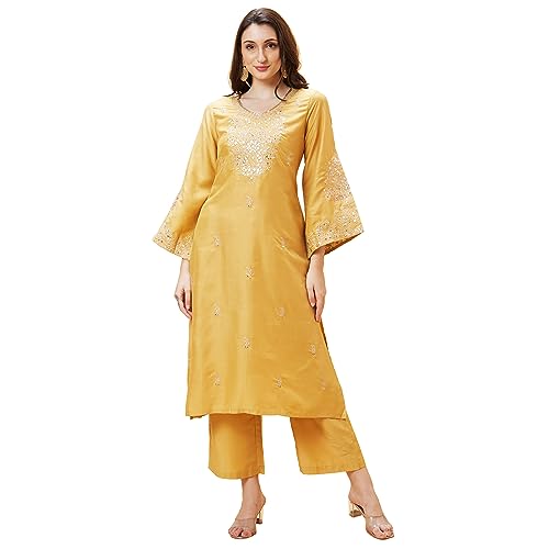 Image of Globus Women Red Embroidered V-Neck Yoke Gota Patti Flared Sleeves Festive A-Line Kurta Set with Trouser-3638464001