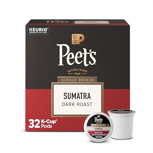 Peet's Coffee, Dark Roast K-Cup Pods for Keurig Brewers - Single Origin Sumatra 32 Count (1 Box of 32 K-Cup Pods) Packaging May Vary（Amazon）