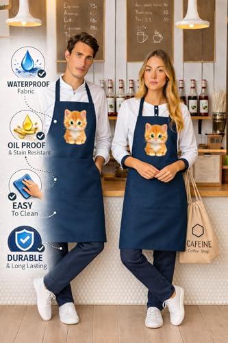 Image of Waterproof Printed Kitchen Apron for Women & Men, Adjustable Neck Cooking Apron with Front Pocket, Oil & Stain Resistant Apron for Cooking, Baking & Kitchen Use