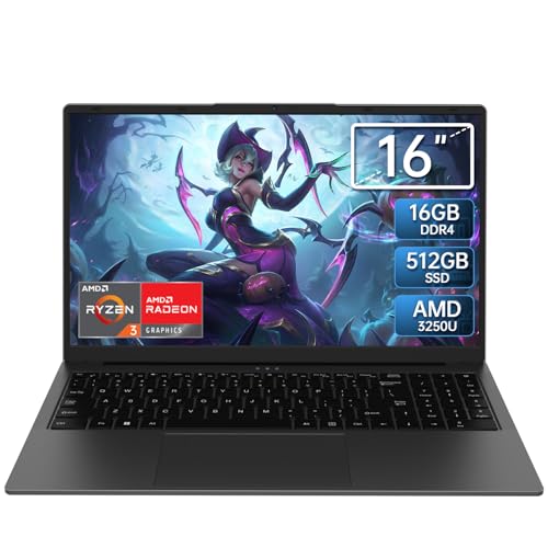 Image of 16 Inch Laptop Computer - AMD Ryzen 3 3250U Processor (2C /4T,2.6-3.5GHz), 1920x1200 FHD IPS Display, 16GB RAM 512GB SSD, 1MP Webcam, Fingerprint, Backlit Keyboard, Laptops for Business Student, Gray