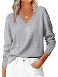 ANRABESS Sweaters for Women Long Sleeve V Neck Shirts Business Casual Work Blouses 2025 Fall Loose Knit Pullover Sweater Tops Light Gray Medium