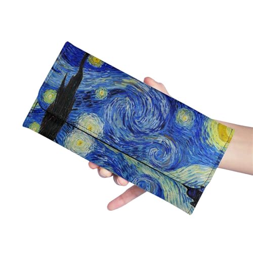 Image of AFPANQZ Starry Night Long Clutch Wallet Women's Casual Leather Wallet Soft Leather Trifold Multi Card Organizer Phone Holder Lady Purse Buckle Zipper Coin Pocket Blue