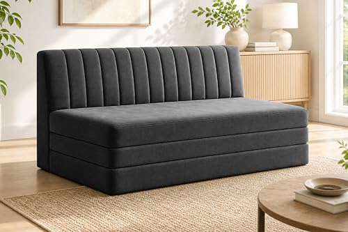 Image of 3-Seater Foldable Floor Sofa Bed with, Modern Velvet Fabric Folding Couch for Living Room, Guest Room & Small Spaces-Black