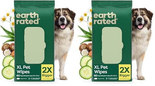 Image of Earth Rated XL Pet Wipes for Dogs & Cats, 3-in-1 Unscented Hypoallergenic Cleaning, Deodorizing and Hydrating Extra Large Grooming for Body, Paws and Butt, Unscented, 60 Count (Pack of 2)