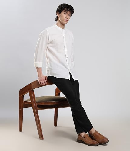 Image of TURMS Men's Casual Solid Linen Shirt | Water Repellent | Anti Stain Anti Odor | Kansas Linen | Mandarin Collar | Full Sleeves