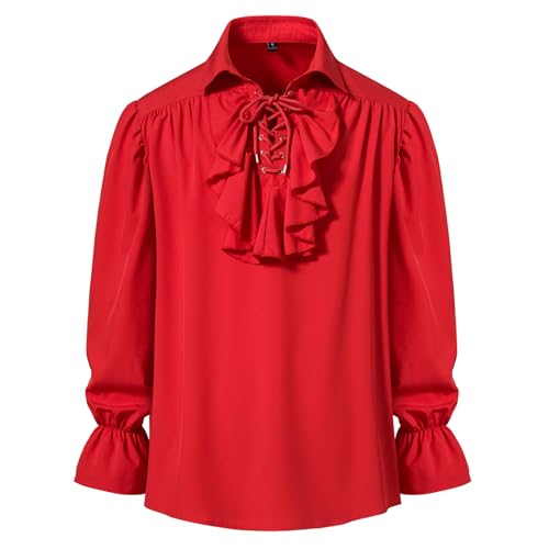 Chemise de pirate médiévale pour homme, col jabot, manches longues, à lacets, steampunk, renaissance, victorienne, top, Rouge, S