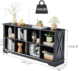 Farmhouse 8 Cube Bookshelf, Black Storage Organizer Bookcase, Kids Toy Storage Cabinet, Long Bookshelves Storage Organizer Shelf, Wood Display Cabinet Book Shelves for Bedroom,Living Room,Office