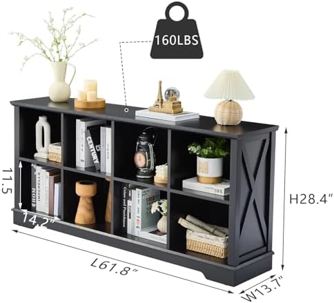Farmhouse 8 Cube Bookshelf, Black Storage Organizer Bookcase, Kids Toy Storage Cabinet, Long Bookshelves Storage Organizer Shelf, Wood Display Cabinet Book Shelves for Bedroom,Living Room,Office