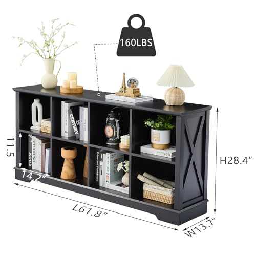 Farmhouse 8 Cube Bookshelf, Black Storage Organizer Bookcase, Kids Toy Storage Cabinet, Long Bookshelves Storage Organizer Shelf, Wood Display Cabinet Book Shelves for Bedroom,Living Room,Office