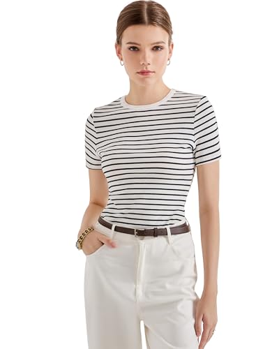 SUUKSESS Women Ribbed Striped Short Sleeve Slim Fit Tops Summer Crew Neck Color Block Going Out T Shirt3