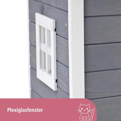 Kerbl Pet Katzenhaus Rustica, Katzenhütte, grau/weiß, Vollholz, 57x45x42cm, mit Schwingtüre, Plexiglasfenster, höhenverstellbare Kunststofffüße