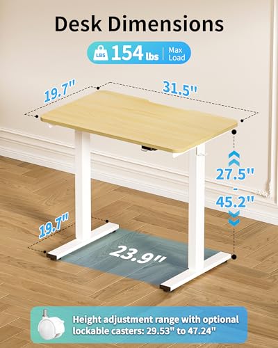Image of Okin Electric Standing Desk 31.5x19.7 Inches Small Computer Desk-Whole Piece Stand up Desk with Wheels Gaming Rolling Home Office Desks, Oak