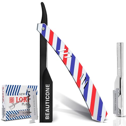 BEAUTICONE Barber Straight Razor for Men – Professional Shavette with Slide-Out Blade Holder, 100 Stainless Steel Blades Included, Cut Throat Razor, Pole Stripe