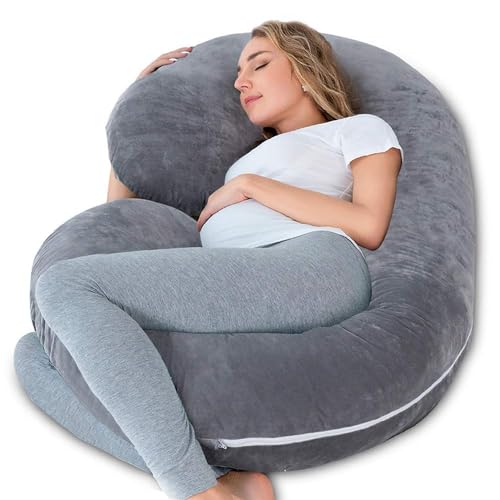 Image of C-Shaped Sleeping Pregnancy Pillow| Removable Washable Velvet Covers with Zipper| PregnoCare Fibres| Maternity, Nursing| Full Body Soft Support Bump, Head, Back, Shoulder, Hips, Legs and Belly (Grey)