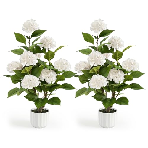 Datietiao 3FT Artificial Hydrangea Tree 2 Pack Realistic Faux Hydrangea Plants in Pot with White Flowers Lifelike Faux Greenery Home Indoor Outdoor Front Porch Garden or Wedding White