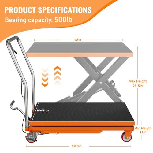 IHEX Hydraulic Lift Table Cart, 500lbs Capacity 28.5\" Lifting Height, Scissor Lift Table with 4 Wheels and Non-Slip Pad, Portable Electric Hydraulic Lifting Flatbed Handcart for Material Handling