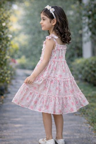 Image of Buy & Try Girls Printed Georgette Frock, Sleeveless Summer Dress, Lightweight Knee Length Baby Girl Dress, Casual Outfit, Soft Comfortable Fabric, Stylish Kids Wear