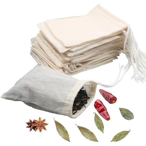 20Pcs Reusable Tea Filter Bags,Soup Bags,Bone Broth Brew Bags,Spice Bags,Muslin Strainer Bags,Natural Unbleached Cotton Cheesecloth Bags for Cold Brew Coffee(3x4inch) Cover