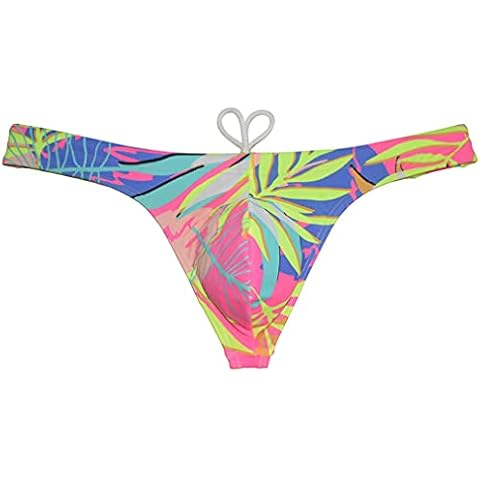 OROCOJUCO Sport Mens Print Thong Swimsuit Contour Pouch Bikini Swimwear Board Surf Short Trunks Swim Tangas Pink Leaf XL Cover