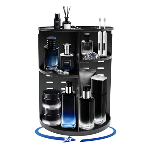 Novalunae 360 Rotating Perfume Stand Organiser for Men Black Cologne Stand Display Rack for Dresser Mens Makeup Storage 3-Layer Bathroom Counter Organiser Mens Bedroom Accessories Storage Gifts
