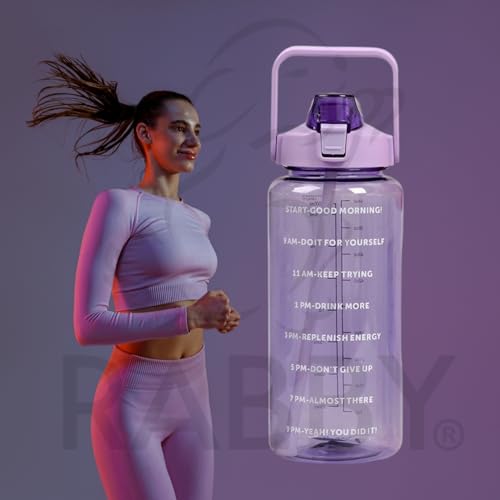 Image of RABBY 2L Motivational Water Bottle for Kids & School Use | Time Marker, BPA-Free, Leakproof Straw Lid, Carry Strap | Plastic Water Bottle for Travel, Sports, Gym, Office (Purple 1Pcs)