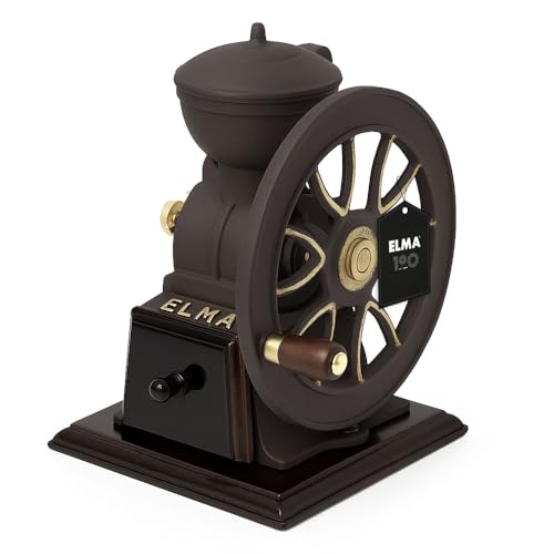 ELMA Molino de Café Manual de Volante Marrón, Molinillo Vintage de Hierro Fundido Artesanal con Regulador de Molido, Diseño Original Años 40 | Decorativo y Funcional, 22 x 15 x17 cm