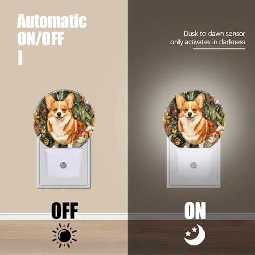 Image of LED Night Lights Lamp with Dusk to Dawn Sensor, Lovely Smiling Corgi in The Flowers Night Light Plug Into Wall for Kids Room, Bedroom, Bathroom, Kitchen, Hallway