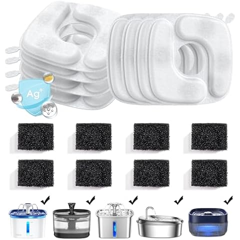 Veken Cat Water Fountain Filters, 8 Pack Replacement Filters & 8 Pack Replacement Pre-Filter Sponges Set for 67oz, 95oz, 135oz Automatic Pet Fountain Dog Water Dispenser Cover