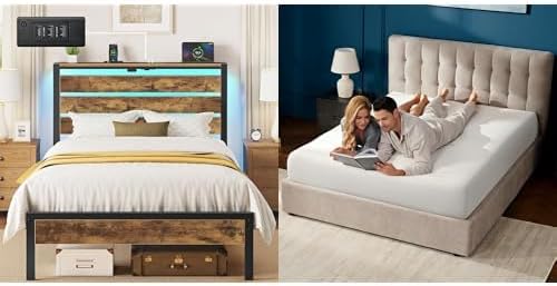 Rolanstar Twin Bed Frame with 8 Inch Gel Memory Foam Mattress, LED Metal Platform Bed with USB Charging & and Storage Headboard, Rustic Brown, CertiPUR-US Certified Mattress