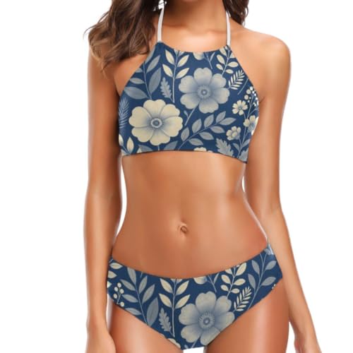 Bikini triangle à nouer réglable bleu marine imprimé floral