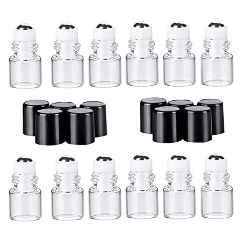 12 Pcs 1ml Mini Clear Glass Roll-on Bottles Empty Refillable Essential Oil Glass Roller Ball Bottle Perfume Lip Gloss Cosmetic Sample Vials Container with and Black Cap Cover