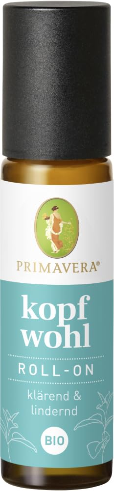 PRIMAVERA Kopfwohl Roll-On bio 6 Stück - klärend & lindernd bei Kopfschmerzen - mit 100% naturreinen ätherischen Ölen - Pfefferminzwasser- & öl - vegan