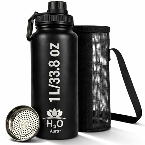 Premium 1 Liter Water Bottle (33.8 oz) with Carrying Case & Strap - Double Wall Vacuum Insulated Stainless Steel Water Bottle - Leakproof Lid Wide Mouth BPA-Free Removable Strainer Black