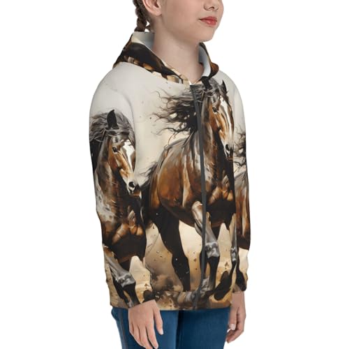 Western Horse Print Girls Athletic Zip Up Hoodies,Sweatshirts with Pockets Long Sleeve Hooded Jackets, for 7-18 Y3