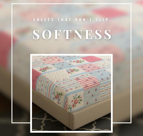Image of HOMEKART 120 TC Cotton Rich Elastic Corner Fitted Bedsheet with 2 Pillow Covers | Double Bed 72x68+6 Inches | Wrinkle-Free, Super Soft & Breathable Floral Design | Pinkk & Green