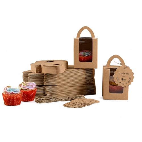 Image of mudrit Kraft Cupcake Boxes (Pack Of 50, Single Cupcake Carrier With Window, Insert And Handle For Pastry, Muffins, Cookies, Macaroons, Bakery | Party Favor Packing (Cardboard, Brown)